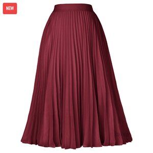 High Waist Elastic Pleated Chiffon Midi Skirt, Flared A-Line Swing